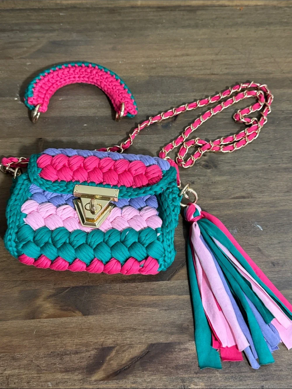 Colorful Woven Crochet Crossbody Bag Pink Teal Lavender Tassel